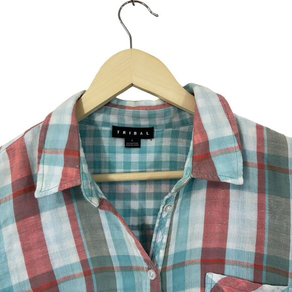 Tribal Brand Large Button Flannel Shirt Plaid Long Sleeve Roll Tabs Womens - Picture 7 of 16